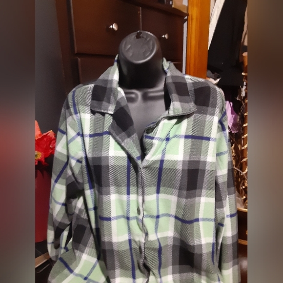 Anne Klein Women's Long Sleeve Flannel Green Plaid Button Up Shirt Pajama Top 2X - Picture 2 of 7